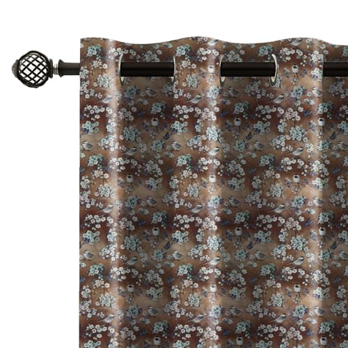 Image of LINENWALAS Printed Blackout Curtains for 5 Feet Window | Set of 2 | Charming Bird & Floral Drapes | Thermal Insulated, Room Darkening Panels with Grommet Hanging for Living Room (Brown Blossom)