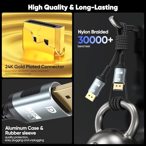 Breilytch DisplayPort Cable 2.1 6.6FT, 16K Display Port 2.1 Cable 80Gbps (16K@60Hz, 8K@240Hz, 4K@240Hz) HDR10, DSC 1.2a DP Cord Compatible with FreeSync G-Sync Gaming Monitor 5090 7900XTX Graphics