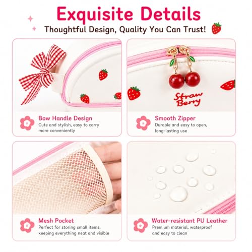 Image of Cute Kawaii Strawberry Pencil Case for Girls - Large Capacity Double Layer PU Leather Pencil Pouch & Stationery Organizer for Aesthetic School Supplies, Travel, Office & Gifts