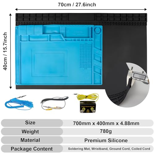 Image of 27.6'' x 15.7'' Extra Large Soldering Mat with Wrist Strap & Grounding Accessories, 932F Heat Resistant Silicone Repair Mat, Oversized Work Mat for Cellphone Laptop Electronics Repair (Black)