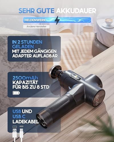 HELDENWERK Massagepistole inkl. 7 Massageköpfen & 30 Geschwindigkeiten, mit USB-C Anschluss und Hitzekopf I Muskel Massagegerät, Massagegun, Muskelmassagepistole, Muskelpistole 2
