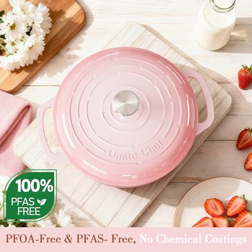 Image of Umite Chef 6QT Enameled Cast Iron Dutch Oven with Lid, Versatile Heavy-Duty Cookware Pot for Baking Bread, Braising, Soups & Stews, Oven & Stovetop Safe with Heat Resistant Gloves(Pink)