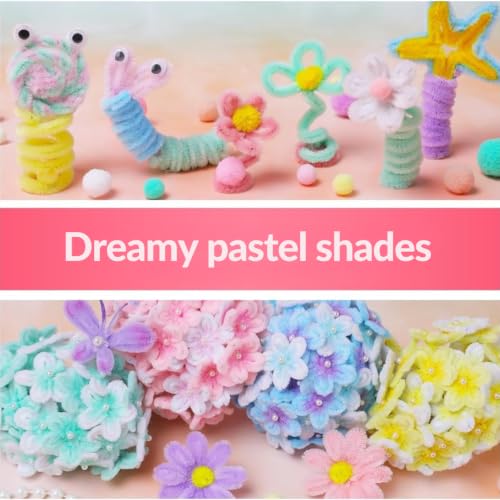 Image of DIY Pastel Pipe Cleaner Flower Bouquet Kit (100 Pcs Stems + Full Accessories) - 6 Pastel Shades with 100 Stamens, 5 Floral Stems, 1 Floral Tape, 25 Pearls & Ribbon for Handmade Crafting & Gifts