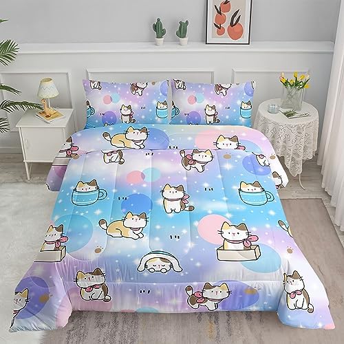 Datura home Kids Comforter Set Cute Cats Printed Pattern Bedding Set with 1 Comforter and 2 Pillowcases for Girls Boys Bedroom All Season(Cats3 Full)