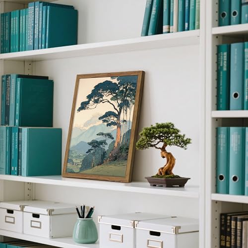 Image of Vintage Japanese Forest Framed Canvas Wall Art - Tranquil Mountain Landscape Painting Print, Retro Nature Tree Scene Decor for Living Room Bedroom Nursery Office Home 16x24 inch