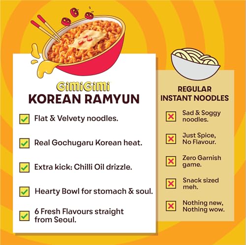 Image of GIMI GIMI - Hot Cheese (Pack of 2), 135g each | Veg Korean Ramyun | Authentic Gochugaru Chillies | Thick & Bouncy Noodles