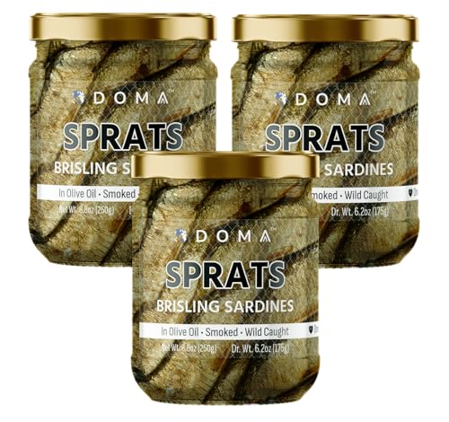 DOMA Premium Smoked Brisling Sardines (Sprats) in Olive Oil – Wild-Caught, 1180mg Omega-3 per Serving, 26.4oz (3 × 8.8oz), Pack of 3 Glass Jars