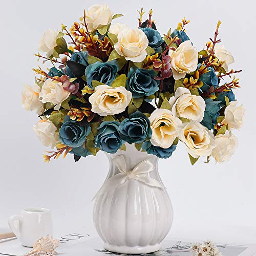 LESING Ramos de Flores Artificiales de Seda con jarrón, arreglos de Flores de Boda, hogar, Oficina, Fiesta, Centro de Mesa, decoración de Mesa (Azul-1)