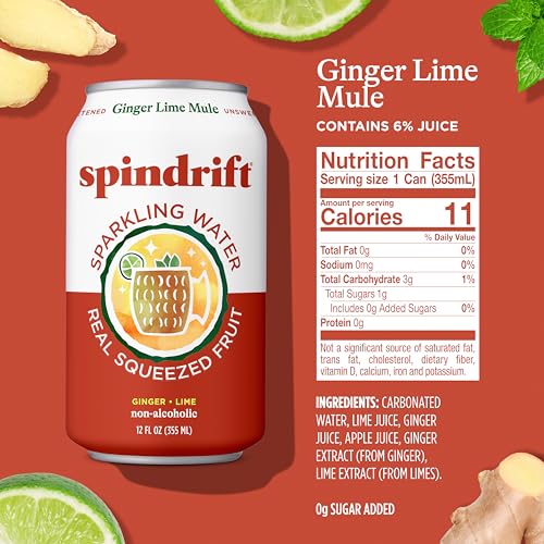 Image of Spindrift Sparkling Water, Ginger Lime Mule Flavored, Made with Real Squeezed Fruit, 12 Fl Oz Cans, Pack of 24 (Only 11 Calories per Can)