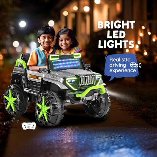 Image of Driving EV Cars for 1, 2, 3, 4, 5, 6 Years | Remote + Steering + Mobile App Control | Kids Jeeps (Thar Jumbo Size Jeep [1-8 Year Kids], Silver /Green)