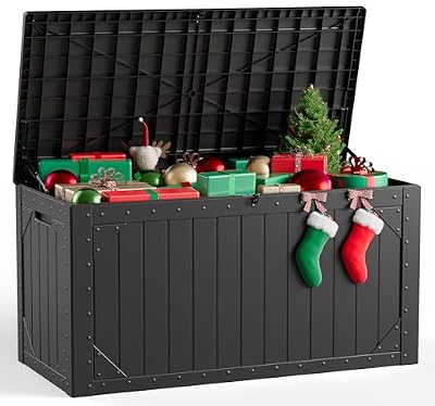 MAKE CHANGES Outdoor Storage Box, 98 Gallon Deck Box, Outdoor Storage Bench, Waterproof Resin Storage Bench with Lockable Lid, Patio Furniture Cushions & Garden Tools Storage, UV Resistant (Black)