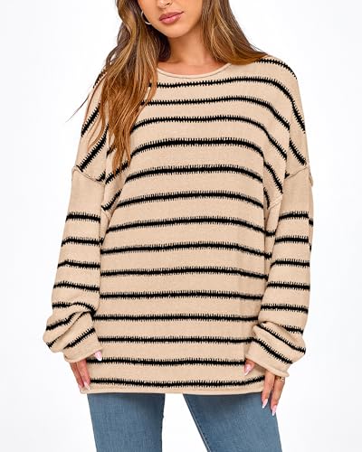 BTFBM Women's Striped Knit Sweaters 2025 Spring Fall Boat Neck Off Shoulder Long Sleeve Oversized Casual Pullover Tops