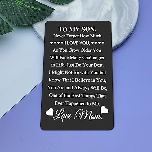 To Son Inspirational Gifts from Mom Dad Engraved Wallet Card Inspirational Quote Metal Wallet Card Inserts Sweet 16th 18th 21st Birthday Gift for Boys Kids Graduation Christmas Back To School Gift2