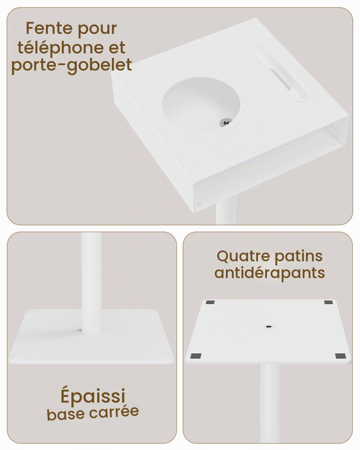 Yawinhe Lot de 1 Table d’appoint Métal,Carré Petite Table de Bout,Blanc | Table Basse Compacte pour Petits Espaces,Bout de canapé avec Fente, pour Téléphone Portable en Porte-coupe