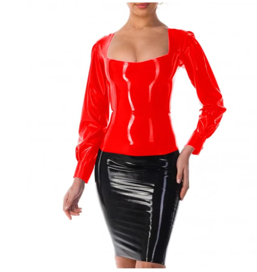 Blusa básica ajustada de manga larga con cuello cuadrado para mujer, aspecto húmedo, piel de PVC, corta, para uso diario, casual, personalizable
