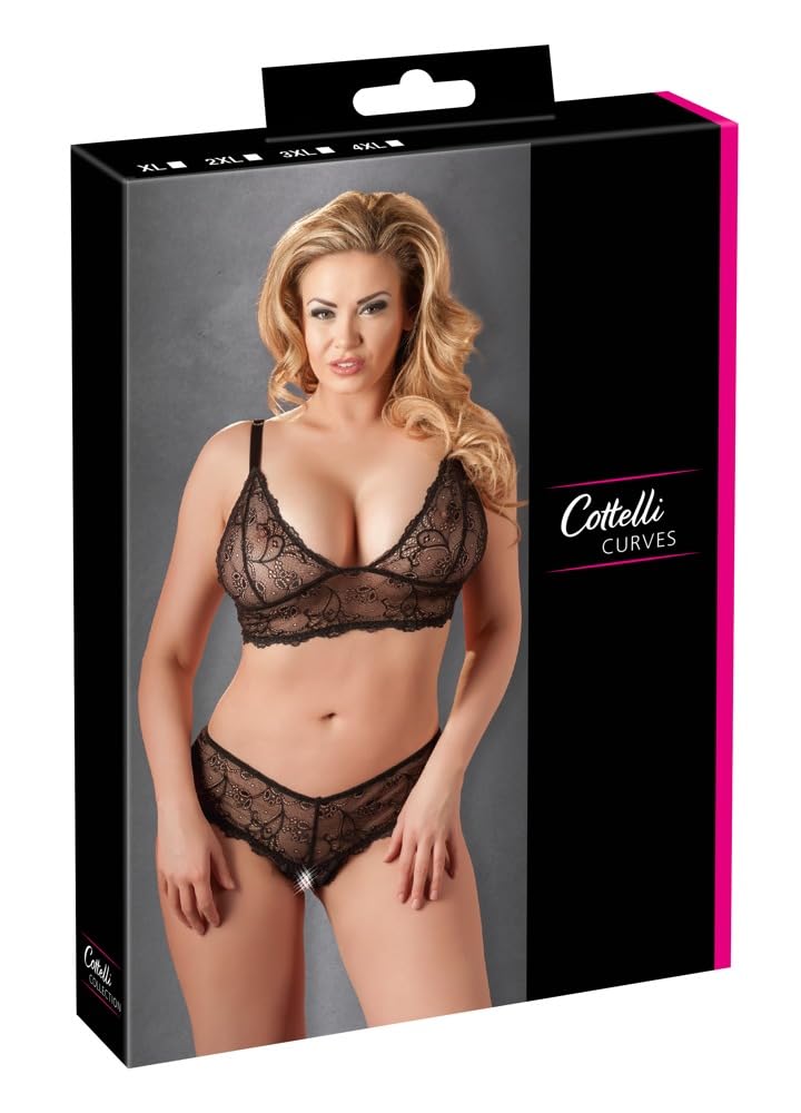 Cottelli Crotchless Lace Bra Set Plus Size - Black - 4XL