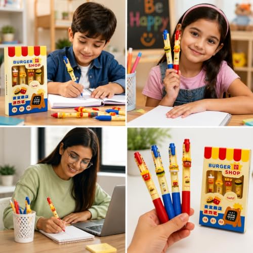 Image of Alokik Luxury Gel Pens and Highlighter 5pcs black Color pen + 1 pcs highlighter Coordinated Design, Signature Pen Set, Writing School Supplies (Burger Shop Gel Pen Set Of 4)