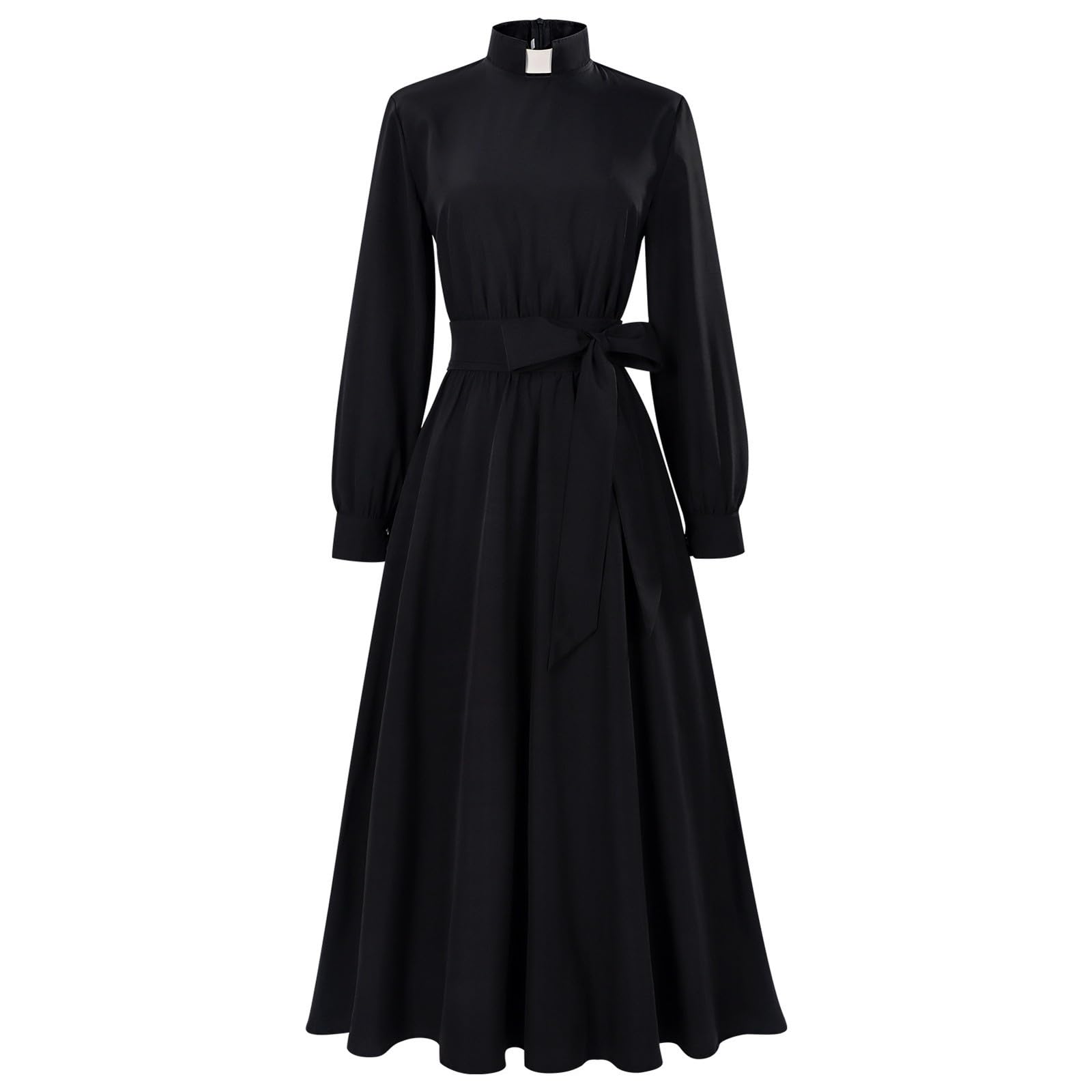 Bauzuoyo Nun Costume Women's Long Church Dresses Medieval Cosplay Priest Robe Black White Plain Stand-Up Collar Long Sleeve Dress with Belt Wedding Carnival Party Stage Costumes, black, S
