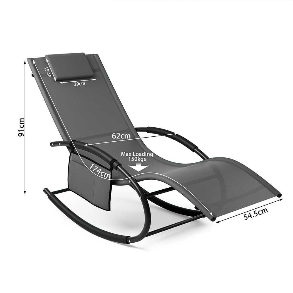 BAKAJI Sedia Sdraio a Dondolo da Giardino, Lettino Prendisole Gravità Zero con Rivestimento in Textilene con Poggiatesta, Poltrona per Esterni ed Interni, Balcone, Patio, Terrazzo (Grigio)