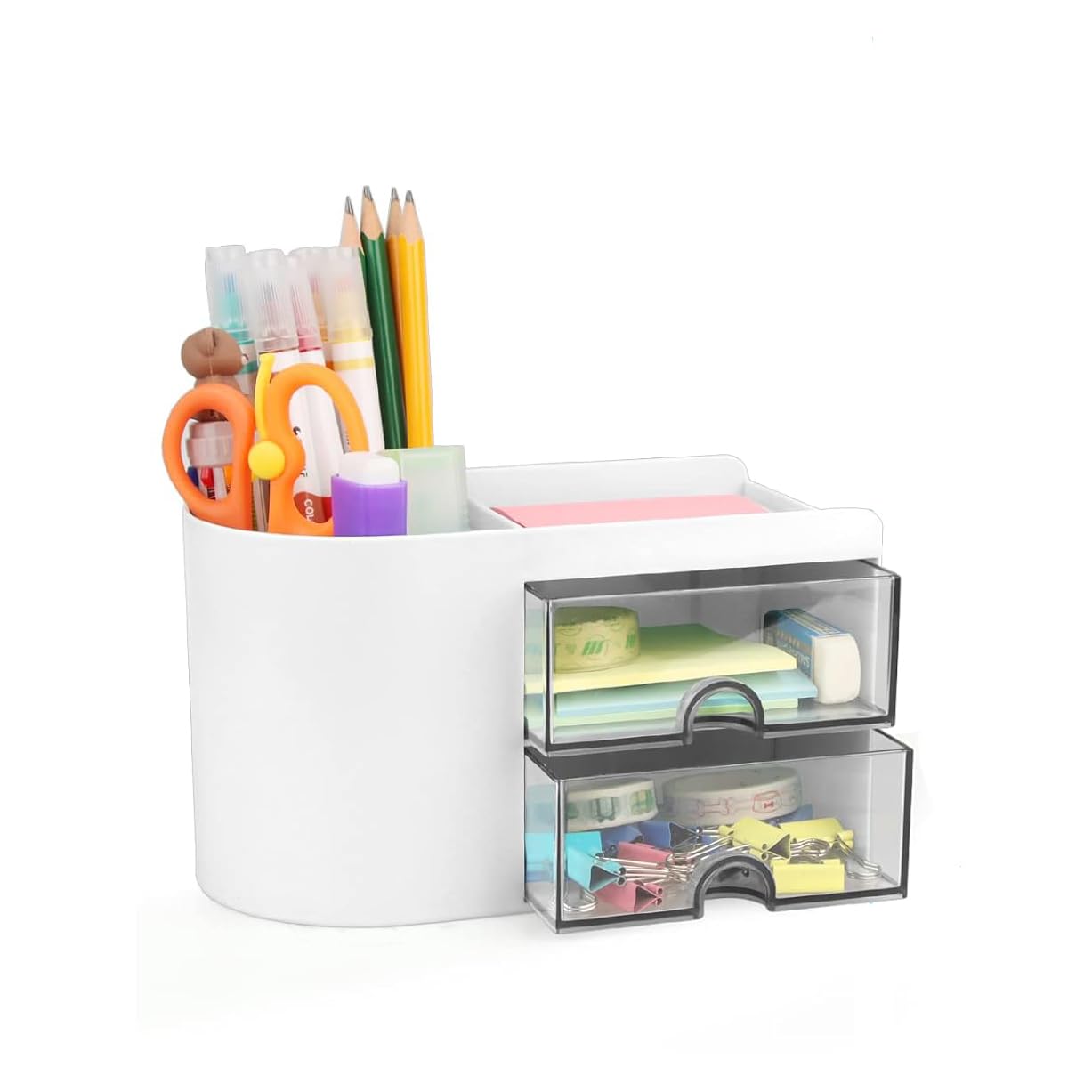 BEANPRECOY Desk Organizer with 2 Drawers and 4 Compartments, Cosmetic Storage Organizer, Office Stationery Storage Box, Multifunction Pencil Pen Holder for School, Home, Office (White)