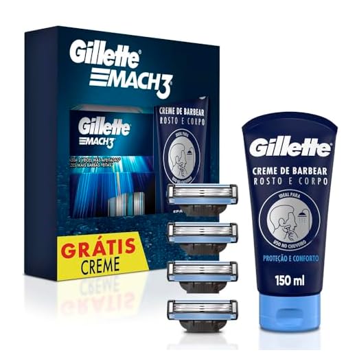 1 Kit Gillette Mach3, Carga para Aparelho 4 Uds + Gillette Creme de Barbear Rosto e Corpo 150mL
