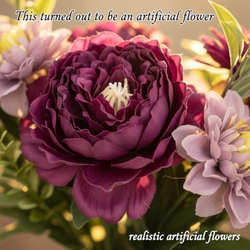 Artificial Cemetery Flowers for Grave, 2 Pack Silk Peonies Bouquet with Vase - UV Resistant Purple & Pink Memorial Flowers, All Weather Outdoor Headstone Decor with Spike image 5
