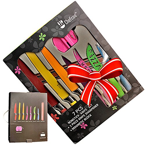 Chefcoo Kitchen Knife Set Plus Magnetic Strip and Sharpener One Cutlery Knives-Best Color Cooking Gadgets-Includes Cheese, Pizza, Paring, 14.5 x 10.9 x 1.5 inches, Red, Yellow, Blue, Green, Pink