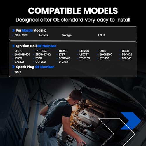 Image of 2-Pack UF276 Ignition Coils & 4-Pack 2262 Spark Plugs Kit Compatible with Mazda Protege 1999 2000 2001 2002 2003, L4 1.6L - Replaces 178-8255 C1223 5C1206 88921413 1788255 & more