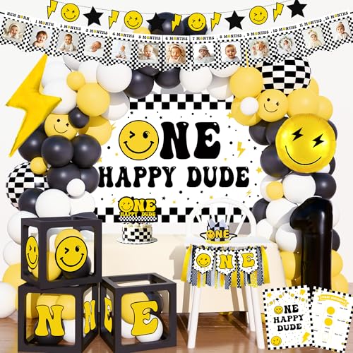 One Happy Dude Birthday Decorations,One Cool Dude 1st Party Decorations,One Happy Dude 1st Birthday Party Supplies,Dude First Backdrop Balloon Arch Garland Banner for 1st Boy