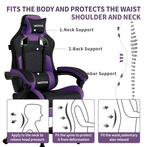 Image of Gaming Chair with Massage,Ergonomic PC Gaming Chair with Footrest Comfortable Headrest and Lumbar Support,High Back Game Chair PVC Leather,300LBS (BlackPurple)