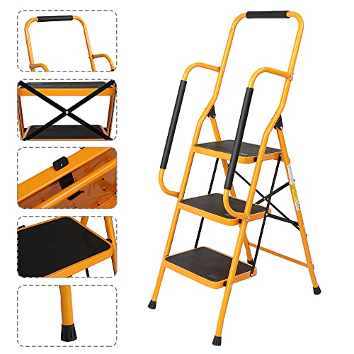 Image of 3 Step Ladder with Handrails Folding Step Stool with Anti-Slip Wide Pedal, Ladders for Home Kitchen Pantry Office, 330 lb Sturdy Steel Ladder for Adults Portable, Yellow
