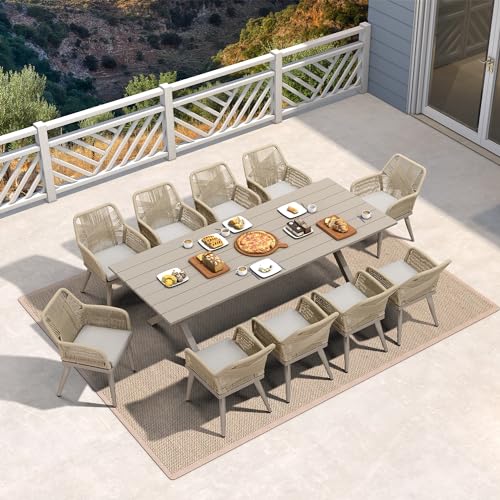 PURPLE LEAF 11 Pieces Outdoor Dining Set All-Weather PE Rattan Outdoor Patio Furniture Set with All Aluminum Frame Rectangular Table and Chairs Set for Lawn Garden Backyard Deck, Champagne