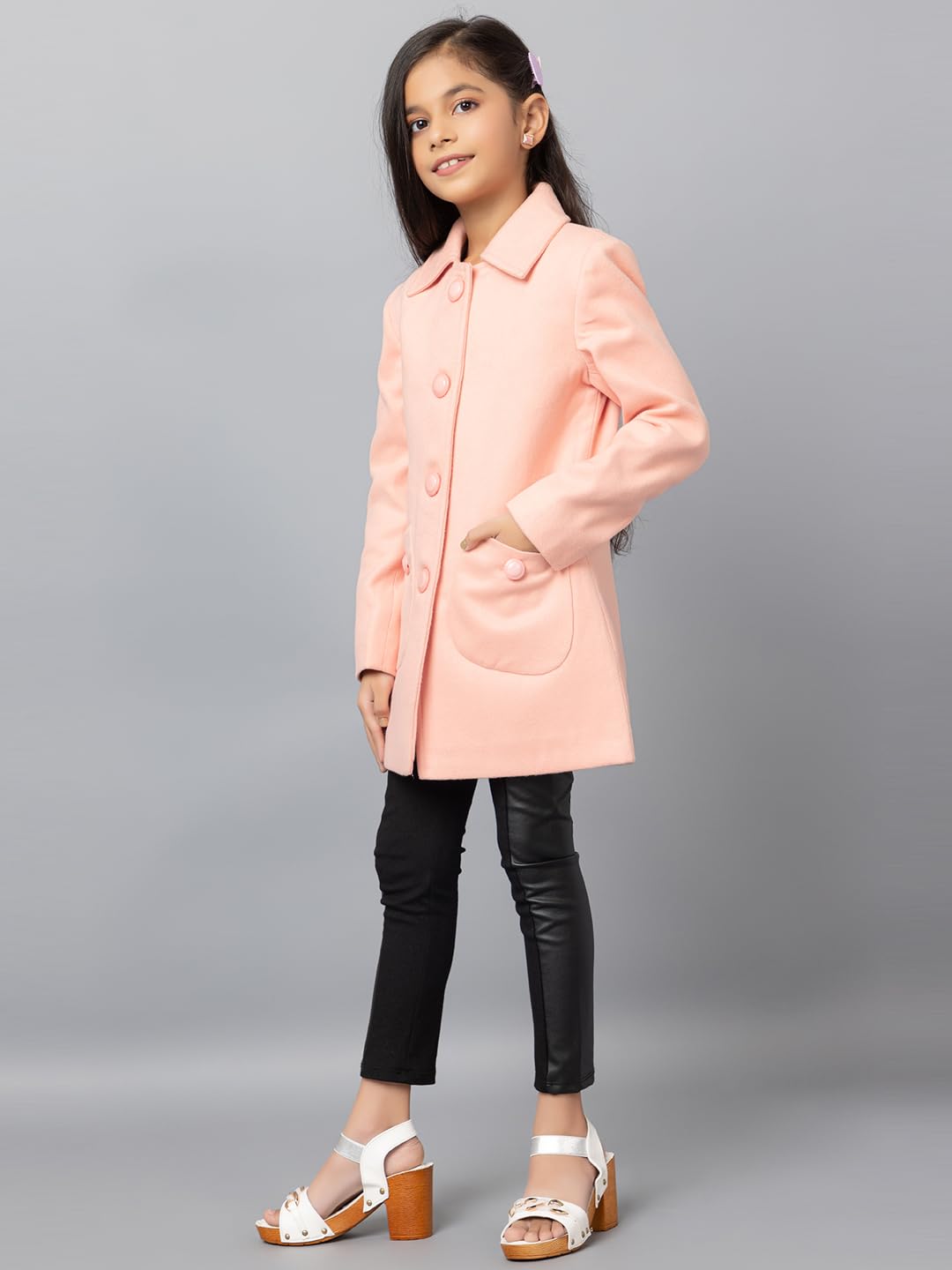 CHKOKKO Girls Stylish Single Breasted Solid Winter Wear Warm Coat for Kids 14-15 Years Salmon 3