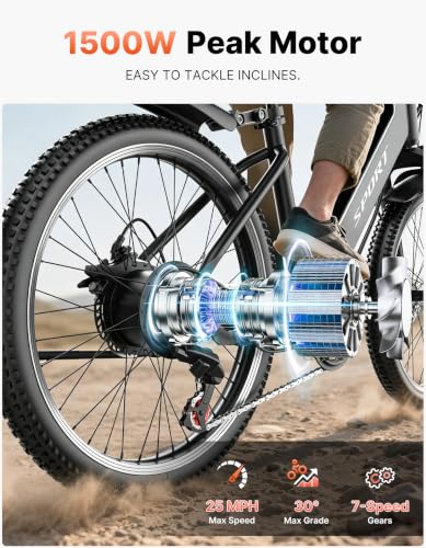 Image of Electric Bike for Adults, 1500W Peak E bike with 48V 12Ah Internal Removable Battery, 26 inch Electric Bicycle Up to 25MPH, 65 Miles Long Range, 5 Modes & 7 Speeds, Lightweight Cruiser E-bike for Commute