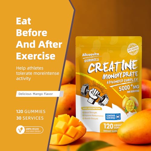 Image of Allcoovita Creatine Monohydrate Gummies 5g for Men & Women. Boost Focus,Strength, and Endurance, Anti-Melting Formula, Vegan, Gluten-Free, Non-GMO,(Mango 120 ct)