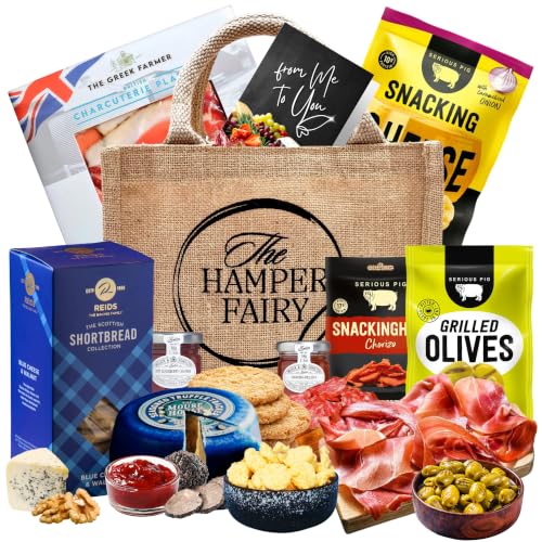 Charcuterie Meat & Cheese Hamper with Savoury Snacks - Cured Sliced Meat Cheese Chorizo Olives Biscuits & Chutneys - Food Hampers for Men & Women Pub Snacks & Snack Box by The Hamper Fairy
