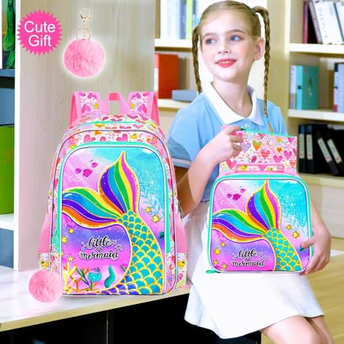 Image of 3Pcs Mermaid Backpack for Girls, 16 inch Kids Bookbag Set with Lunch Box,School Backpacks for Elementary Preschool Kindergarten (Rainbow)