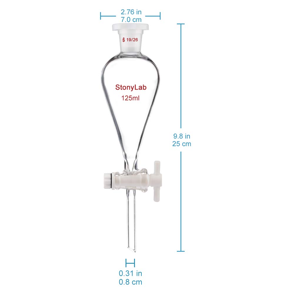 stonylab Imbuto Separatore Conico in Vetro Borosilicato Pesante con Giunti 19/26 e Rubinetto di Chiusura in PTFE Conical Separatory Funnel, 1250 ml