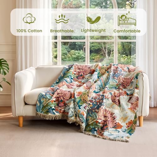 Image of MSGKV Boho Throw Blanket 50 inchx60 inch 100% Cotton Floral Muslin Sofa Blanket