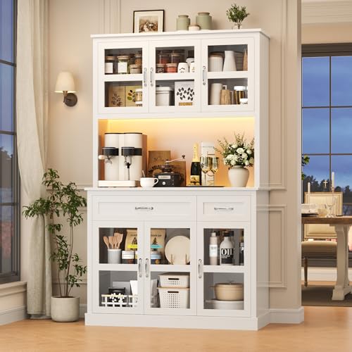 FINETONES 71' Pantry Cabinet with LED Light and Charging Station, Storage Cabinet with Microwave Stand, Kitchen Pantry Hutch Cupboard with Glass Doors and Shelves, White