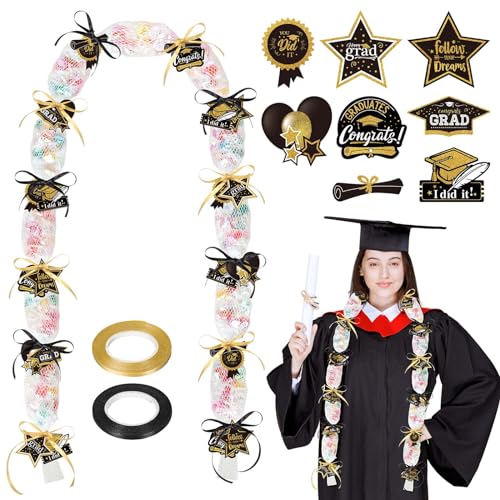 Whaline Graduation Candy Lei Making Kit, 32.8Ft Black Gold DIY Candy Wreath Graduation Leis Decor with 120Pcs Cutouts 2 Roll Ribbon Congrats Grad Necklace for Grad Party Craft Supplies