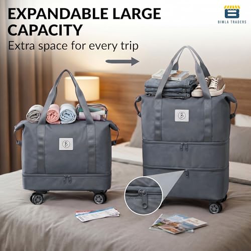 Image of Btag Travel Duffle Bag with Wheels | Convertible Handbag, Trolley & Shoulder Luggage for Clothes | Space-Saving Foldable Travel Companion | Expandable & Waterproof Traveling Bag for Unisex (Grey)