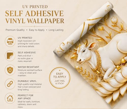 Image of Pichwai Cow Wallpaper for Mandir | Self-Adhesive Vinyl, Removable Marble Wall Sticker for Pooja Room & Temple