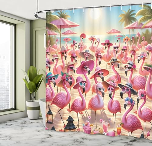 Ambesonne SC_429962 Flamingo Shower Curtain, Summer Beach With Tropical Birds With Sunny Hats And Sunglasses, Cloth Fabric Bathroom Decor Set thumb #1