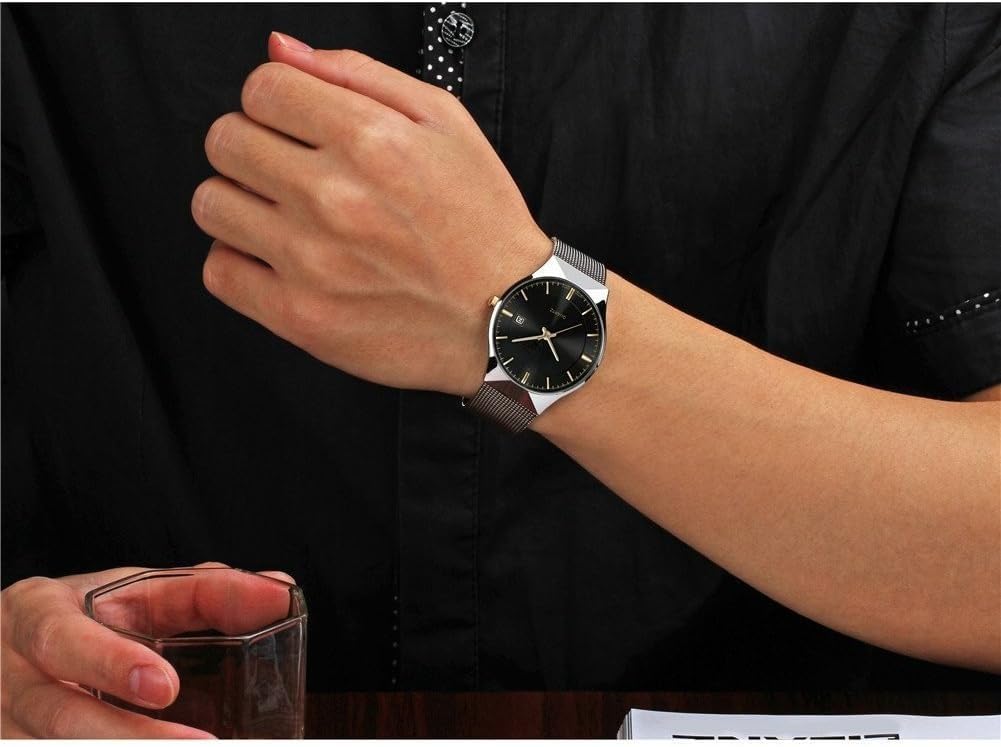Herrenuhr, ultradünnes Edelstahl-Mesh-Band, modische Armbanduhr mit Datumsanzeige, wasserdicht, elegante Geschenkbox