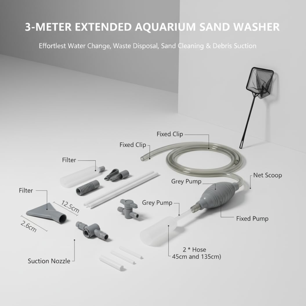Kit completo de limpieza de acuarios – Bomba de sifón manual de 30 cm con aspiradora de grava, red de peces y accesorios para un fácil mantenimiento del tanque de peces.