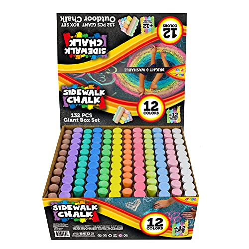 JOYIN 132 PCS Washable Sidewalk Chalks Set in 12 Colors Including 12 Glitter Chalks Non-Toxic Jumbo Chalk for Outdoor Art Play, Painting on Chalkboard, Blackboard and Playground