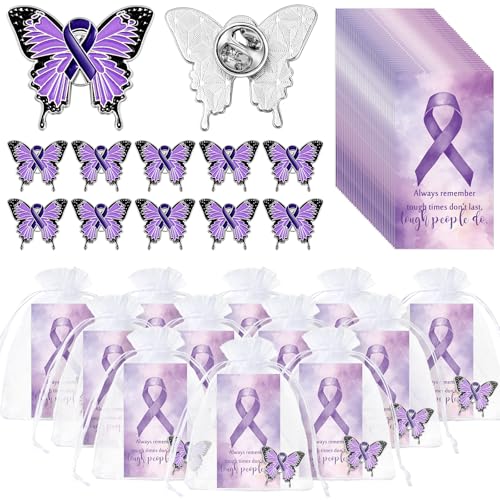 Harloon Purple Awareness Butterfly Pins Domestic Violence Awareness Pins Epilepsy Pancreatic Cancer Brooch with Cards Organza Bags for Raise Awareness Charity Event Fundraise Gathering