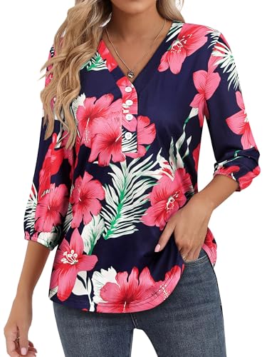 Womens 3/4 Sleeve Hawaiian Shirts V Neck Summer Floral Printed Shirt Casual Buttons Down Soft Tunic Tops