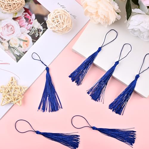 Image of NACHLYNN 120 Pcs Bookmark Tassels Bulk 13cm /5 Inch Silky Handmade Soft Craft Mini Tassels for Jewelry Keychain Making with Loops for Dress Decoration DIY Craft Accessory (Royal Blue)